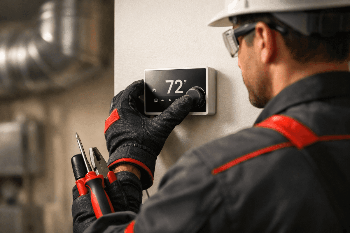Gloved hands of HVAC technician adjusting thermostat on clean wall indoors